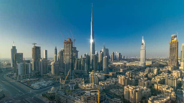 Beautiful Luxury Dubai Downtown Aerial Top View at Sunset Timelapse Dubai United Arab Emirates