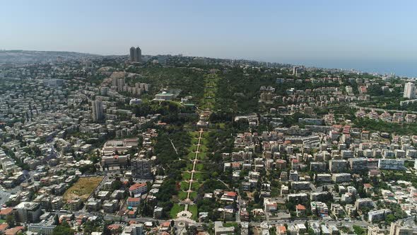 Aerial of Haifa with buildings and Baha'i Gardens