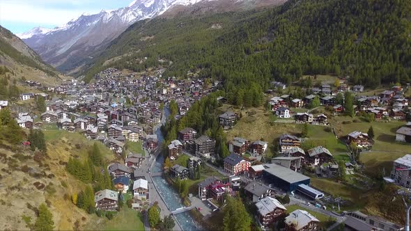 Drone view of the village of Zermatt in the Swiss Alps, Summer day