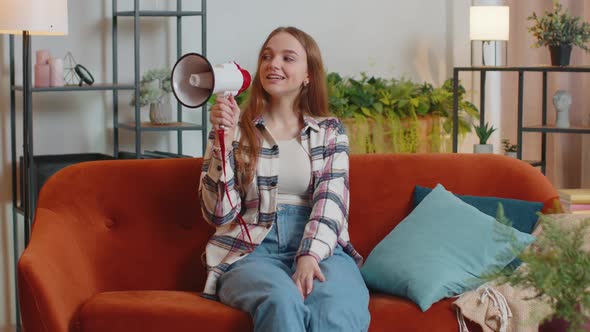 Young Woman Shout in Megaphone Loudspeaker Announces Discounts Sale of Real Estate at Home on Sofa