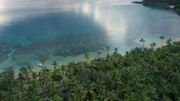 Crystal Clear Blue Water surrounded By The Tropical Palm Trees In Fiji Island - aerial drone