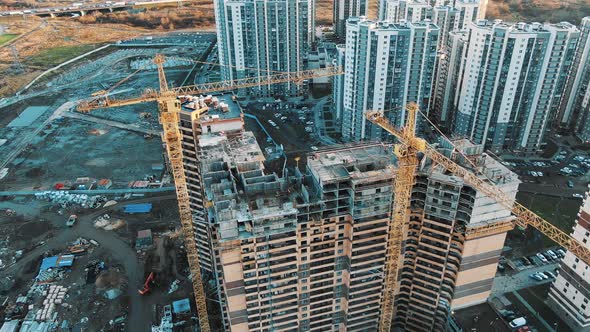 Flycam Films Modern Skyscrapers Built with High Cranes