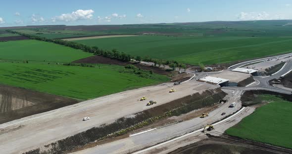 Aerial view of highway construction site. Overpass, highway intersection.