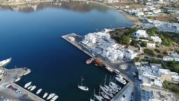 Port of the island of Ios in the Cyclades in Greece seen from the sky