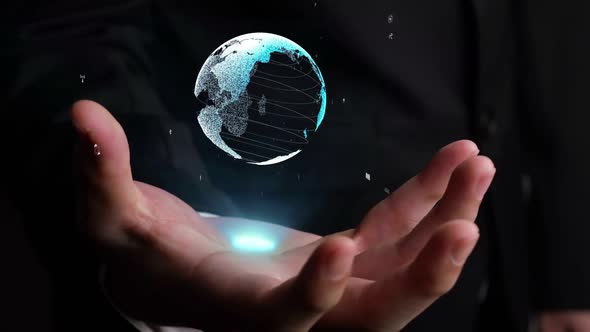 Human Hand Holding Earth Globe Holographic Technology