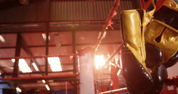 Pair of boxing gloves hanging on boxing ring