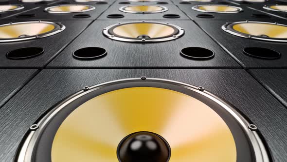 Moving Forward over Audio Speakers with Yellow Membranes Playing Modern Music alt