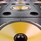 Moving Forward over Audio Speakers with Yellow Membranes Playing Modern Music - VideoHive Item for Sale