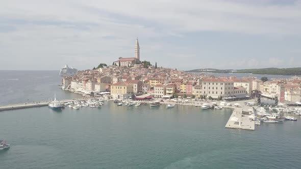 Rovinj, Croatia. Long Aerial Footage With Old Town. Flat Color