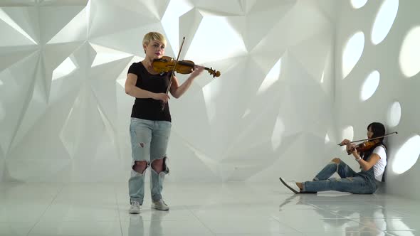 Girls Play the Violin Lyric Composition Standing in a White Room