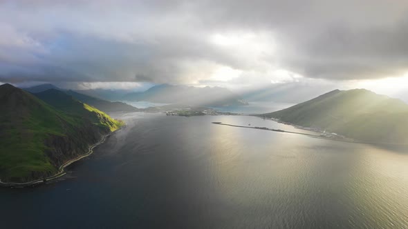 Aerial view of Summer Bay, Unalaska island, Alaska, United States..