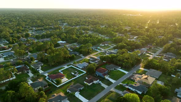 Aerial View of Suburban Landscape with Private Homes Between Green Palm Trees in Florida Quiet