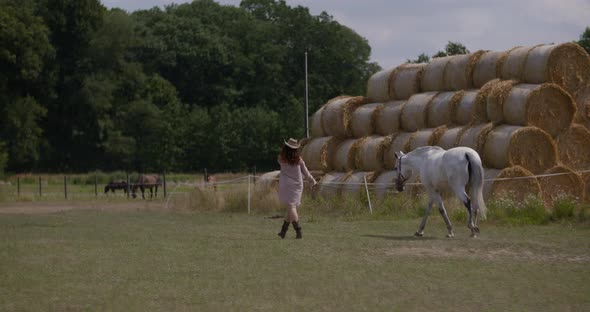 Woman Riding Horse on Farm. Recreation - Woman Walking with Horse