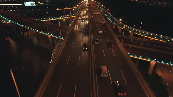 Aerial Top View of Highway Interchange at Night