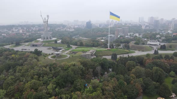 Kyiv Ukraine Aerial View in Autumn  Ukrainian Flag