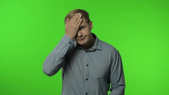 Facepalm, Fault, Omg. Upset Distressed Man on Chroma Key Covering Face with Head and Saying No