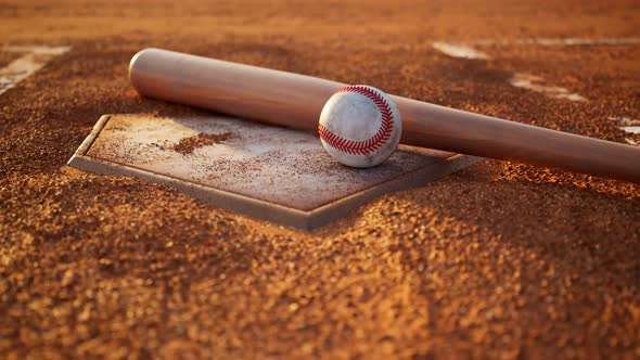 Baseball home plate with ball and bat on it. Home base with baseball accessories