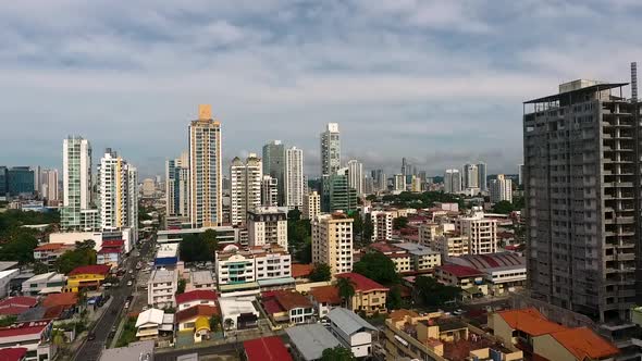 Aerial drone footage of  Panama City with building under construction