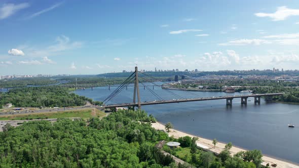 Aerial View of North Bridge in Kyiv Ukraine at Sunny Summer Day