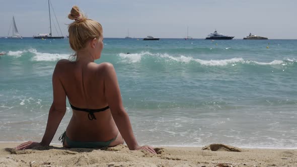 Slow motion of beautiful  beach and blond woman 1920X1080 HD footage - Caucasian blonde girl on the 