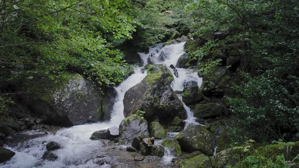 Waterfall between trees and stones