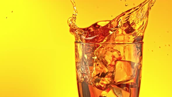 Super Slow Motion Shot of Ice Cubes Falling Into Glass of Ice Tea and Making Splash at 1000 Fps