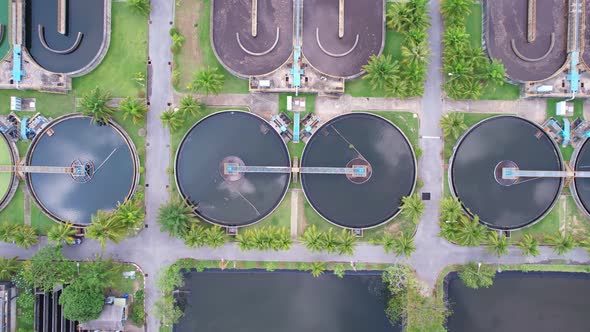 Aerial view High angle view Top down drone shot of the sewage treatment plant