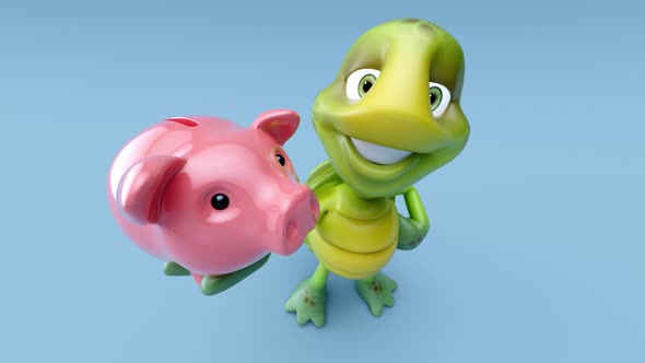 4K Fun 3D cartoon animation of a turtle with a piggy bank