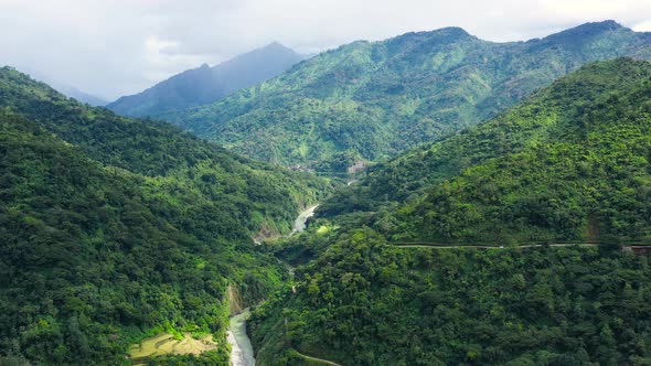 Cordillera on Luzon Island, Philippines, Aerial View, High Mountains Covered By Rainforest and River