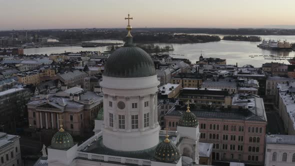 Drone flying towards Helsinki Cathedral. Close up view.