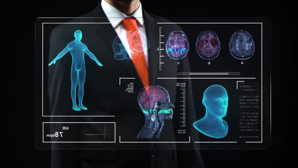 Male in Black Suit Uses Holographic Interface, Working at Technological Medical Digital Holographic