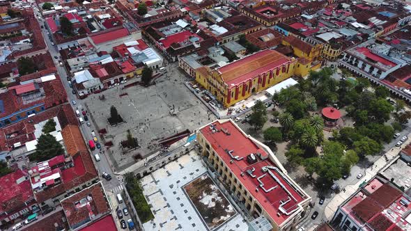 Aerial Drone Fly Above San Cristobal De Las Casas Top Colourful Cathedral Mexico