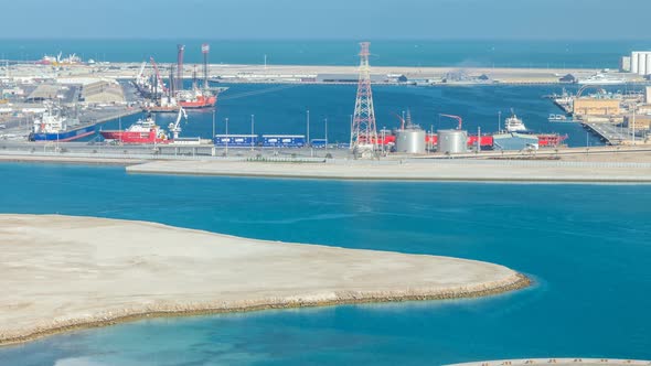 Big Cargo Ship at Industrial Port Timelapse Aerial Fiew From Above at Evening in Abu Dhabi