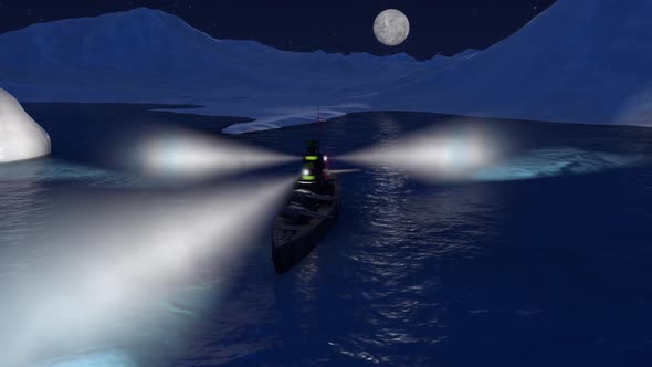 Battleship In The Arctic Ocean By Night With The Searchlights On