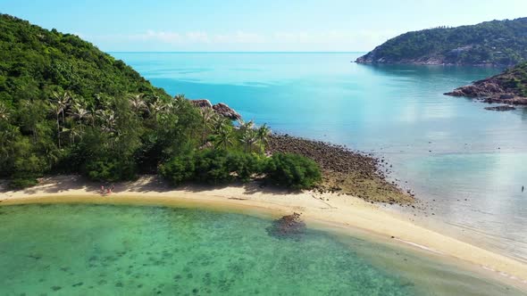 Aerial top view abstract of idyllic shore beach wildlife by transparent water with white sand backgr