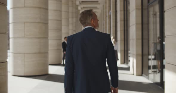 Back View of Confident Businessman Walking Outside Office