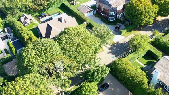 Residential area with villas in Southampton on Long Island, USA, drone.