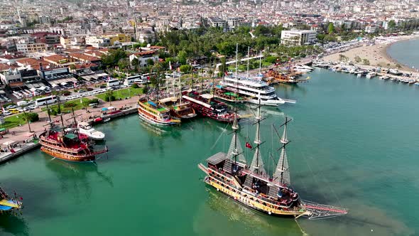 Yachts in the port aerial view 4 K Alanya Turkey