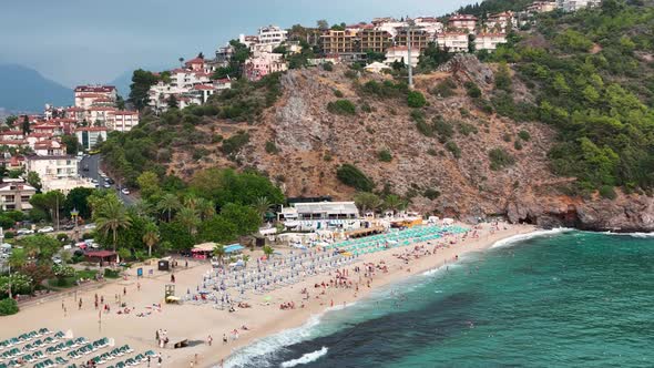 Cloudy summer beach aerial view 4 K Turkey Alanya