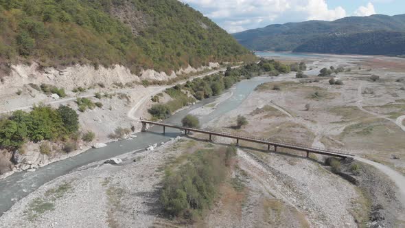 Aerial view of Aragvi river near Zhinvali reservoir. Georgia. Autumn