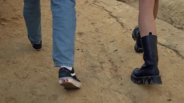 Closeup Legs Young Pair Walking Sandy Beach