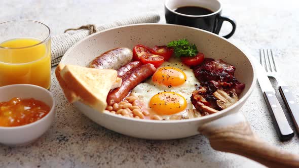 Traditional Full English Breakfast on Frying Pan