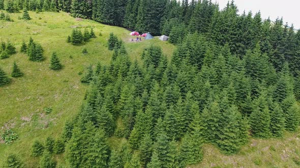 Aerial Shot Mountain Forest with Camp
