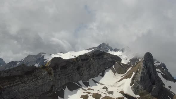 Aerial shot of Shafler ridge and Santis mountain in Appenzell Alps, Switzerland