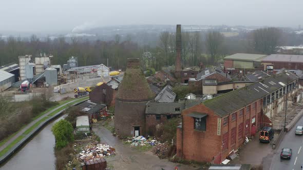 Aerial view of Kensington Pottery Works an old abandoned, derelict pottery factory and bottle kiln l