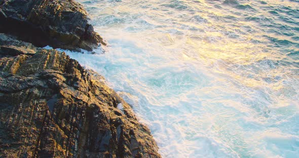 Sea Storm Landscape Footage of Ocean Blue Water and Rocks Sunny Daytime Seascape Devastating and