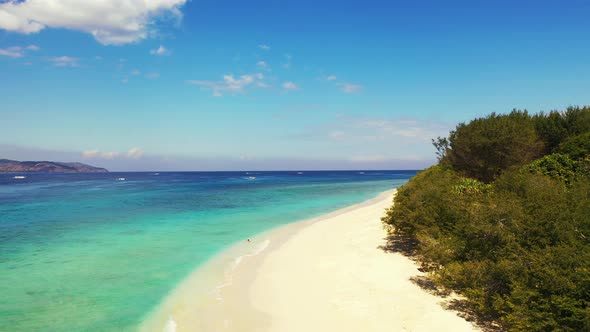 Tropical birds eye travel shot of a summer white paradise sand beach and turquoise sea background