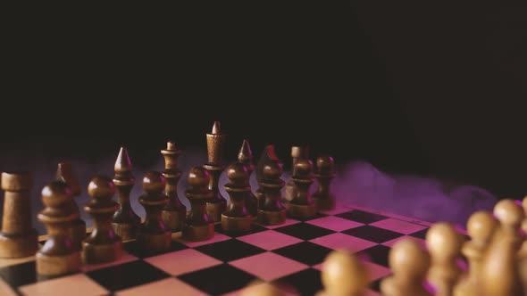 Close Up of White Chess Pieces on Board with Dissipating Steam