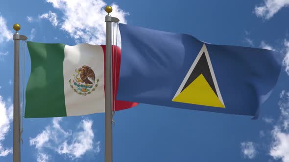 Mexico Flag Vs Saint Lucia Flag On Flagpole