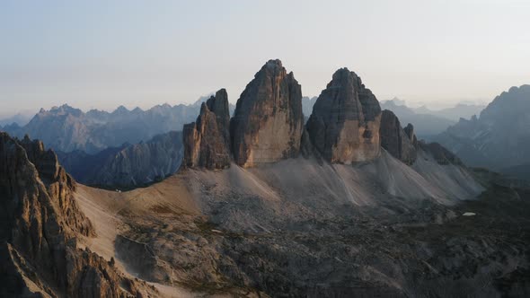 Drone Aerial Footage of Tre Cime Di Lavaredo Most Visited Mountain in Sexten Dolomites Alps in Italy